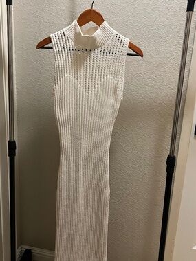 Zara White Sleeveless Ribbed Knit Mock Neck Maxi Dress